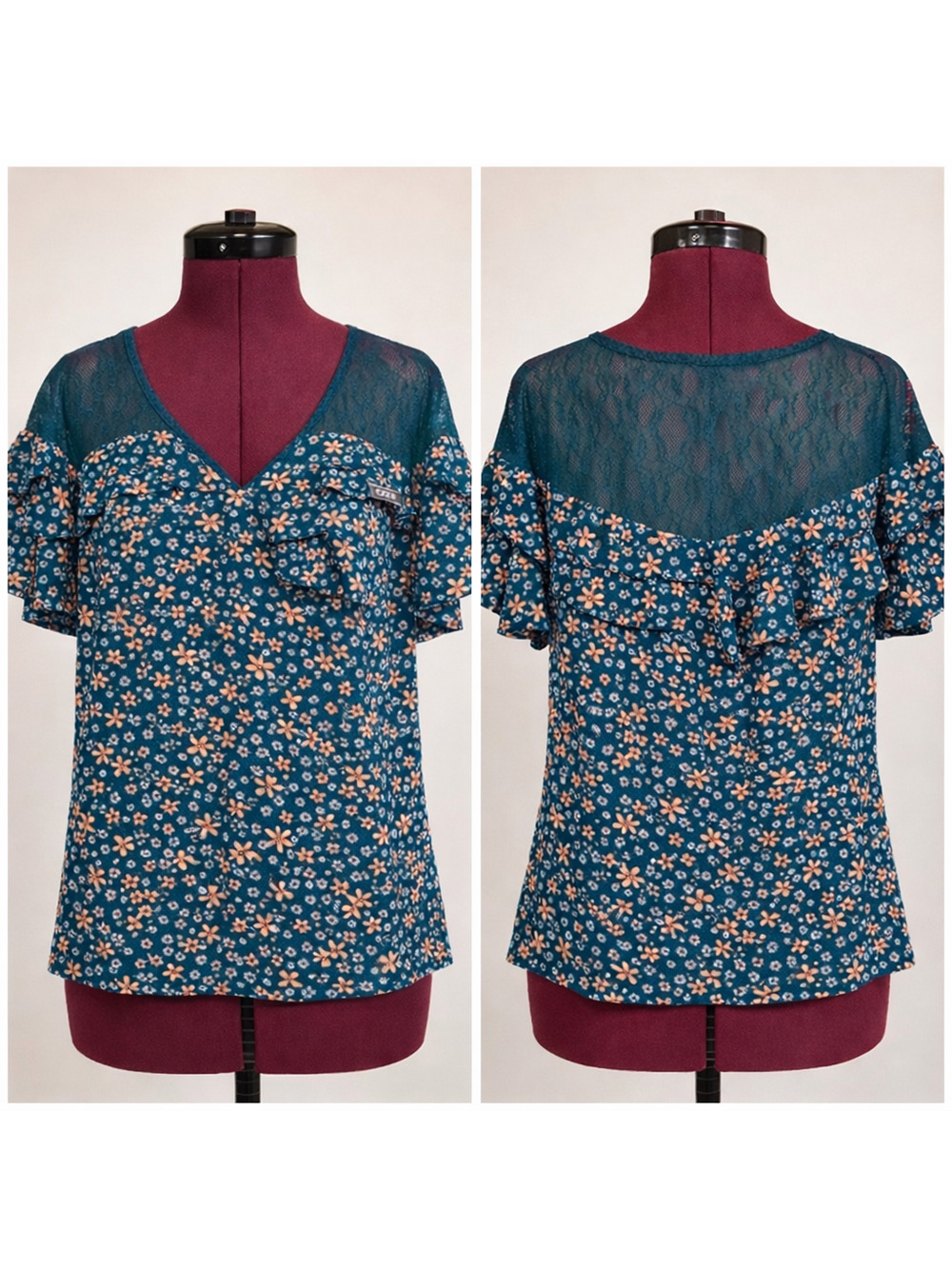 Women's Candie's Teal Floral V-Neck Blouse with Lace Top | Size Small